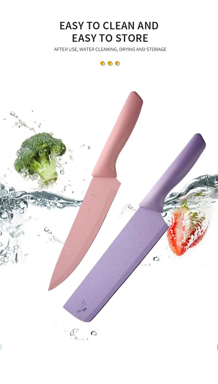 Amazon Top Seller Eco-Friendly Colorful PP Handle Wheat Straw Knife Set Kitchen Ware Stainless Steel Knife Set in 6 PCS Promotional Gift Kitchen Chef Knife Set